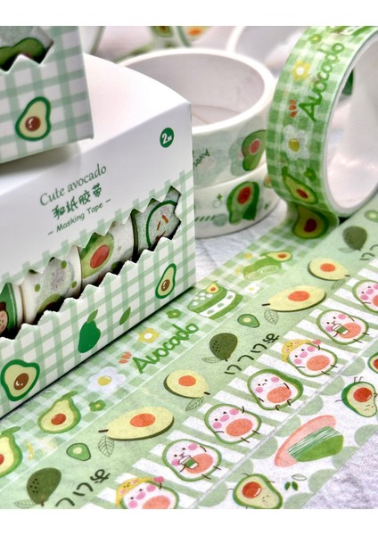 Cute Avocado Yeşil Kareli 4'lü Washi Bant Set Washi Tapemasking Tape Desenli Bant modelleri