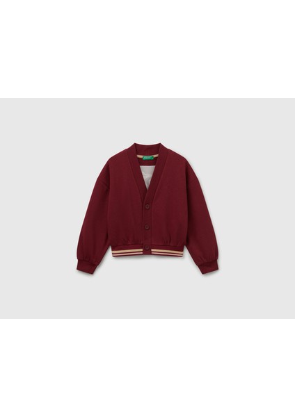 Kız Çocuk Bordo Payet Işlemeli Ucu Çizgili Sweatshirt Hırka