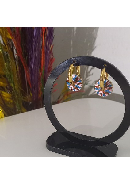 Renkli Mineli Çelik Halka Küpe