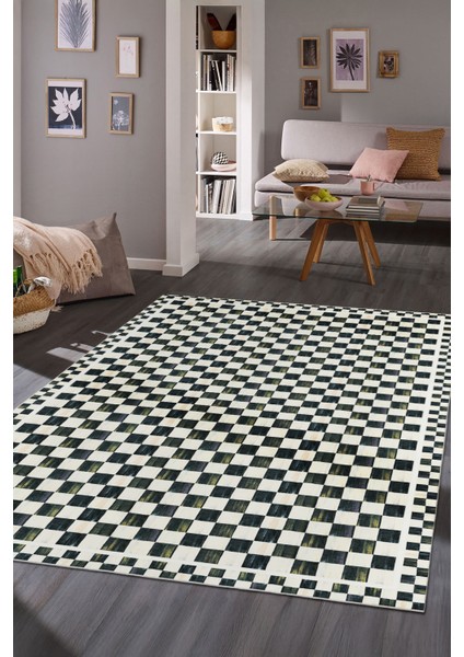 Dama Desenli Kaymaz Taban Yıkanabilir Salon Halısı