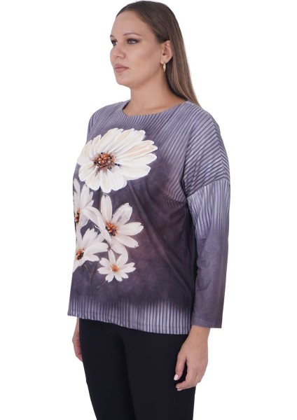 Büyük Beden Kabartma Çiçek Boyama Boncuk İşleme Kışlık Bluz