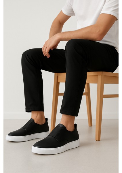 GRE0173 Hakiki Deri Hafif Beyaz EVA Yüksek Taban Bantlı Günlük Siyah Rahat Erkek Casual Ayakkabı