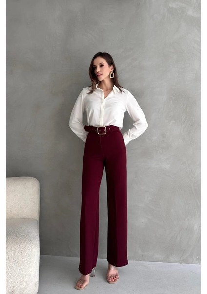 Kadın Yüksek Bel Krep Kumaş Full Likralı Ispanyol Paça Kemer Dahil Pantolon modelleri