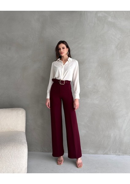 Kadın Yüksek Bel Krep Kumaş Full Likralı Ispanyol Paça Kemer Dahil Pantolon indirimleri