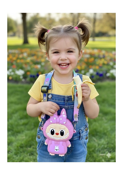 Kız Çocuk Labubu Model Çıkartılabilir Askılı Pembe Renk Tek Gözlü Silikon Yan Çapraz Çanta modelleri