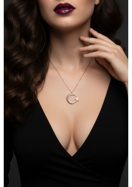 Kadın Ay Yıldız Tasarım 925 Ayar Gümüş Kolye
