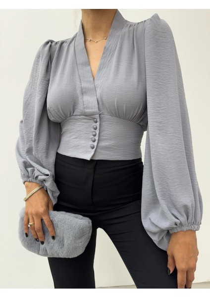 Gri Balon Kol Bluz