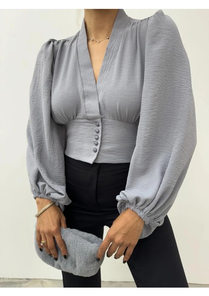 Gri Balon Kol Bluz modelleri