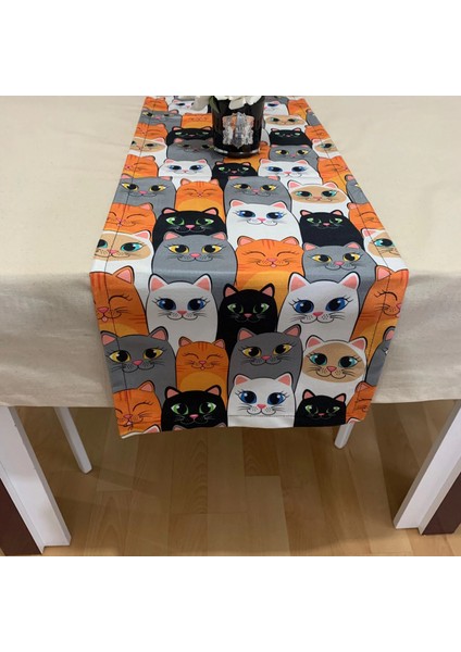 Renkli Kedi Figürlü, Yüksek Kaliteli Dijital Baskılı Runner, Dayanıklı, Modern Tasarım 40X150 cm
