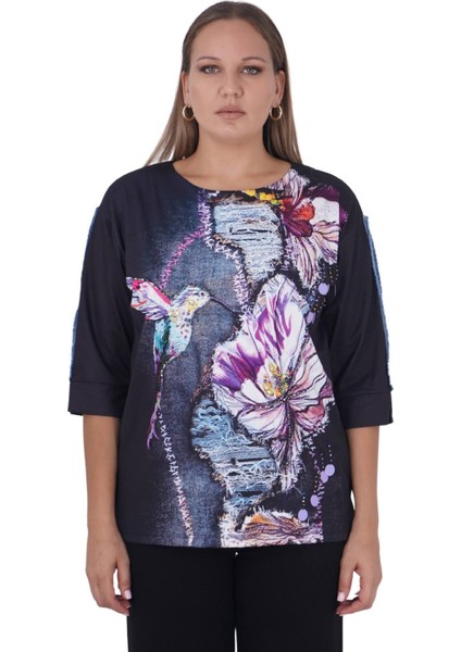 Büyük Beden Çiçek Kuş Baskılı Taşlı Kapri Kol Bluz