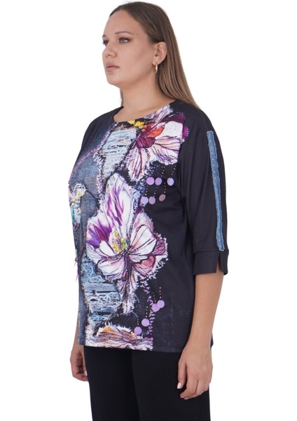 Büyük Beden Çiçek Kuş Baskılı Taşlı Kapri Kol Bluz fiyatları