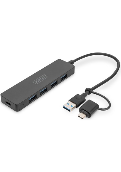 Digitus 4 Port USB 3.0 Hub, Ince Tip, Usb-C Adaptörlü, 5gbps, 0,2 Metre Kablodigitus USB 3.0 Hub 4-Port, Slimline With Usb-C Adapter, 5gbps, 0,2m Cable