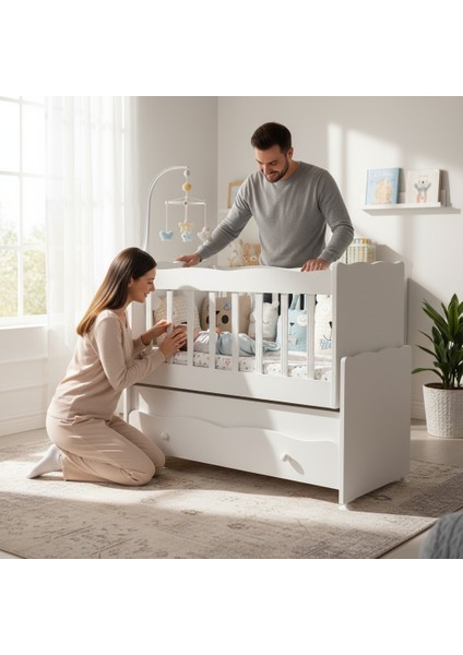 Çekmeceli Sallanır Anne Yanı Ahşap Bebek Beşiği Beyaz