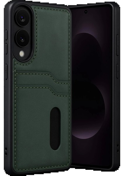 Samsung Galaxy S25 Edge Sara Kartvizitli Deri Kılıf - Koyu YEŞIL-(5796)