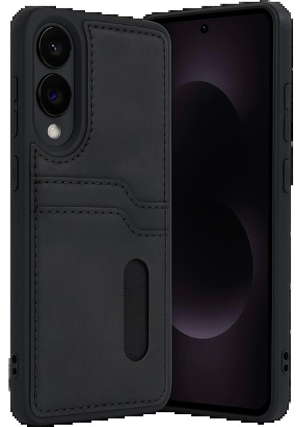 Samsung Galaxy S25 Edge Sara Kartvizitli Deri Kılıf - SIYAH-(5796)