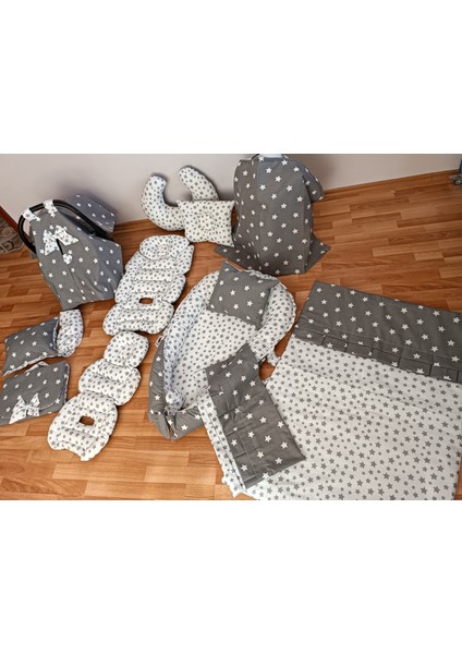 Gri Beyaz Yıldız Oval Yataklı 13 Parça Babynest Seti