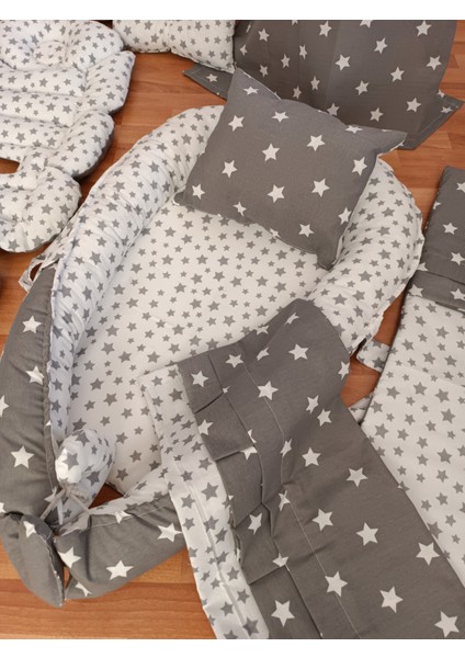 Gri Beyaz Yıldız Oval Yataklı 13 Parça Babynest Seti modelleri