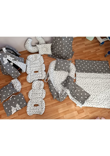 Gri Beyaz Yıldız Oval Yataklı 13 Parça Babynest Seti indirimleri