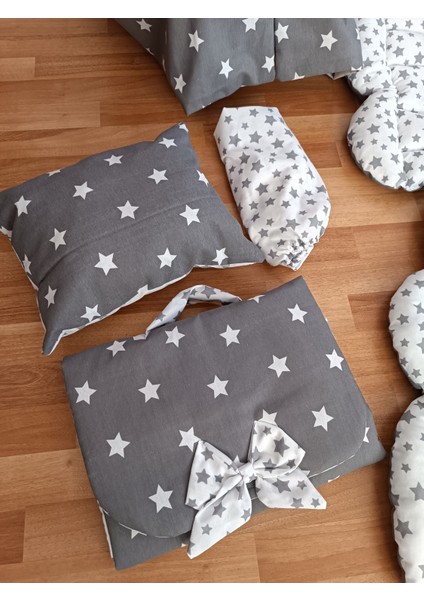 Gri Beyaz Yıldız Oval Yataklı 13 Parça Babynest Seti