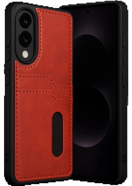 Samsung Galaxy S25 Edge Sara Kartvizitli Deri Kılıf - KIRMIZI-(5796)