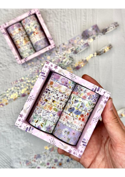 Masking Tape Yaldızlı Çiçek Desenli 12’li Mor Kutu Washi Bant/washi Tape / Bullet Journal / Scrapbook