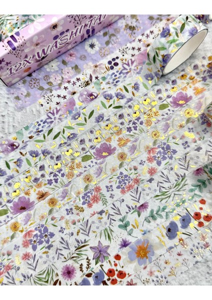 Masking Tape Yaldızlı Çiçek Desenli 12’li Mor Kutu Washi Bant/washi Tape / Bullet Journal / Scrapbook fiyatları