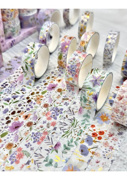 Masking Tape Yaldızlı Çiçek Desenli 12’li Mor Kutu Washi Bant/washi Tape / Bullet Journal / Scrapbook modelleri