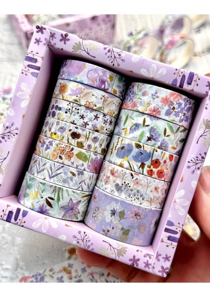 Masking Tape Yaldızlı Çiçek Desenli 12’li Mor Kutu Washi Bant/washi Tape / Bullet Journal / Scrapbook indirimleri