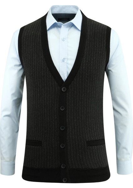 Erkek Düğmeli Yelek Cepli Desenli Çelik Örgü Klasik Kalıp - 5212L