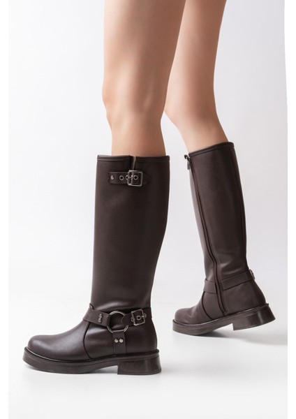 02-312 Kahverengi Toka Aksesuarlı Fermuarlı Günlük Kadın Çizme fiyatları