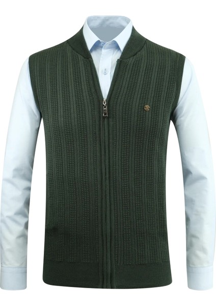 Erkek Fermuarlı Triko Yelek Çelik Örgü Desenli Cepli Klasik Kalıp - 5209J