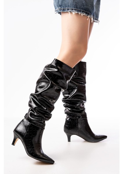 SR-2001 Siyah Kroko Ince Topuklu Günlük Bayan Çizme modelleri