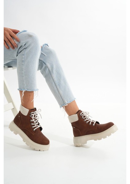 LMÇ-2045 Kahverengi Süet Bağcıklı Kalın Taban Kadın Günlük Bot