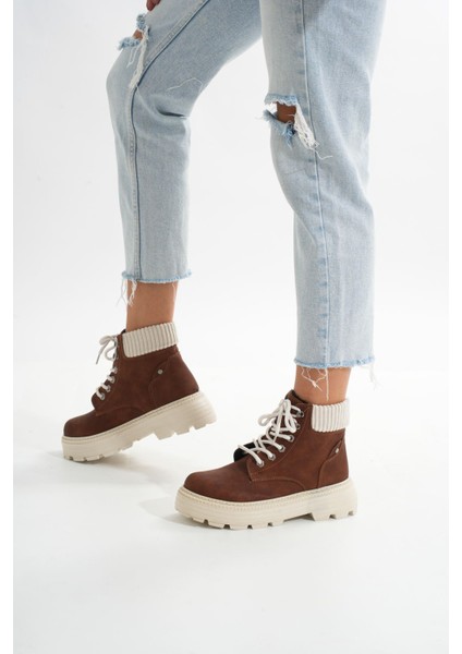 LMÇ-2045 Kahverengi Süet Bağcıklı Kalın Taban Kadın Günlük Bot modelleri