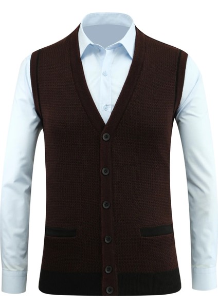 Erkek Düğmeli Yelek Cepli Desenli Çelik Örgü Klasik Kalıp - 5208L