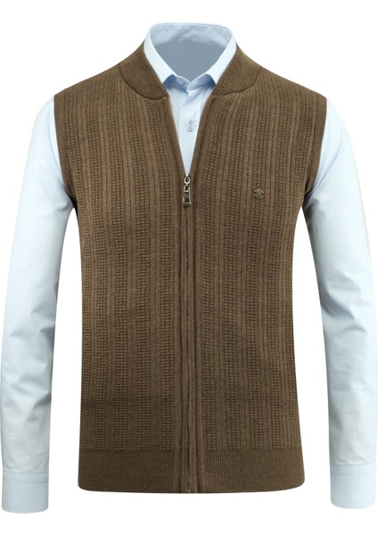 Erkek Fermuarlı Triko Yelek Çelik Örgü Desenli Cepli Klasik Kalıp - 5209J