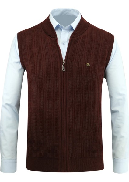 Erkek Fermuarlı Triko Yelek Çelik Örgü Desenli Cepli Klasik Kalıp - 5209J