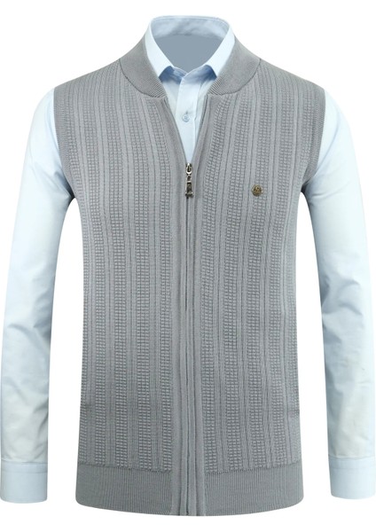 Erkek Fermuarlı Triko Yelek Çelik Örgü Desenli Cepli Klasik Kalıp - 5209J