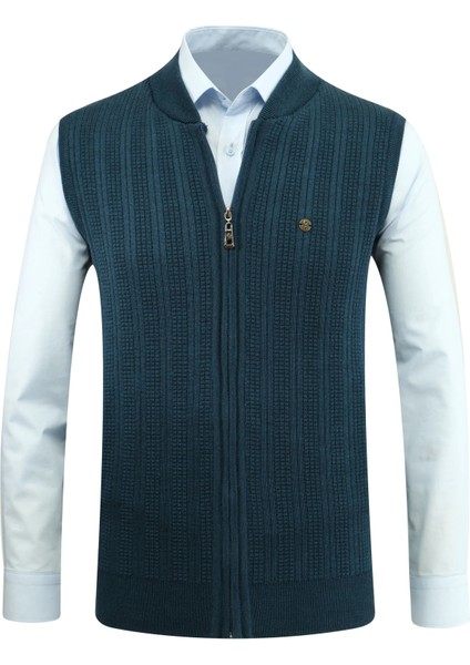 Erkek Fermuarlı Triko Yelek Çelik Örgü Desenli Cepli Klasik Kalıp - 5209J
