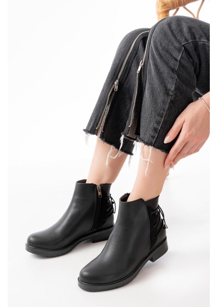 165-209 Siyah Arka Bağcık Aksesuarlı Fermuarlı Günlük Kadın Bot fiyatları