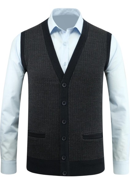 Erkek Düğmeli Yelek Cepli Desenli Çelik Örgü Klasik Kalıp - 5205L