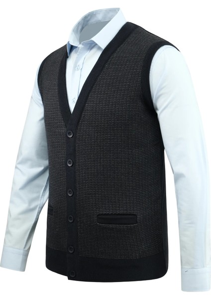 Erkek Düğmeli Yelek Cepli Desenli Çelik Örgü Klasik Kalıp - 5205L fiyatları