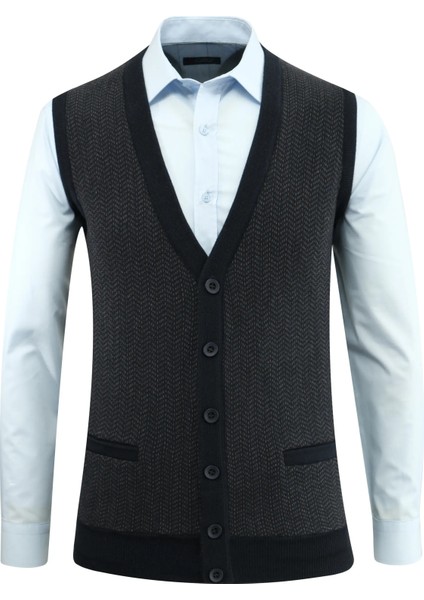 Erkek Düğmeli Yelek Cepli Desenli Çelik Örgü Klasik Kalıp - 5212L