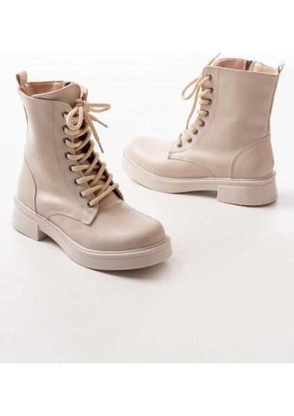 02-356 Bej Düz Topuklu Bağcıklı Fermuarlı Günlük Kadın Bot modelleri