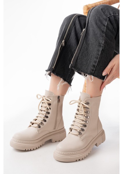 812-2121 Bej Bağcıklı Fermuarlı Günlük Kadın Bot