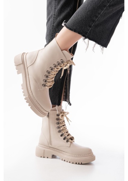 812-2121 Bej Bağcıklı Fermuarlı Günlük Kadın Bot fiyatları