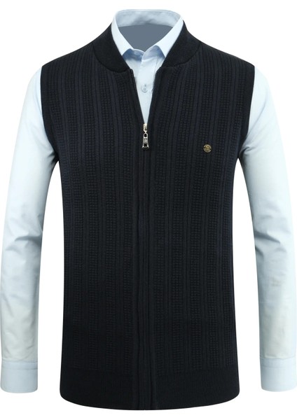 Erkek Fermuarlı Triko Yelek Çelik Örgü Desenli Cepli Klasik Kalıp - 5209J