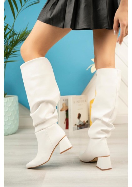 SYT-2002 Beyaz Körüklü Kalın Topuklu Günlük Bayan Çizme fiyatları