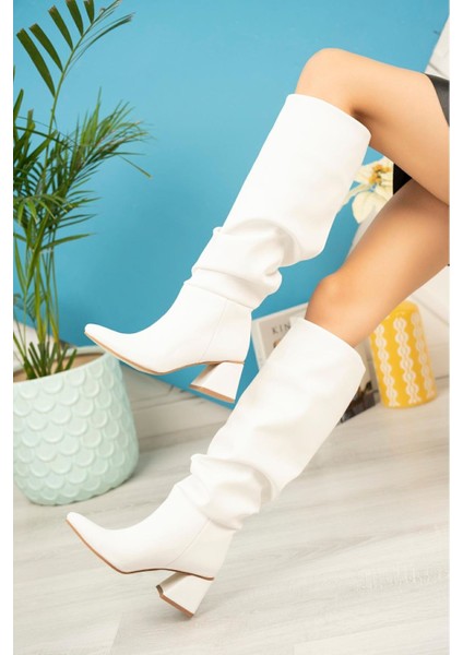 SYT-2002 Beyaz Körüklü Kalın Topuklu Günlük Bayan Çizme modelleri