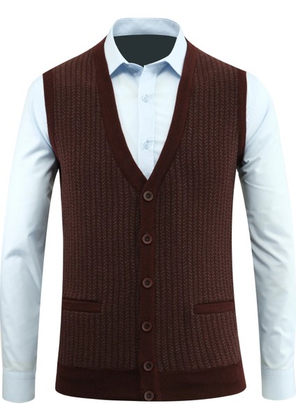 Erkek Düğmeli Yelek Cepli Desenli Çelik Örgü Klasik Kalıp - 5212L